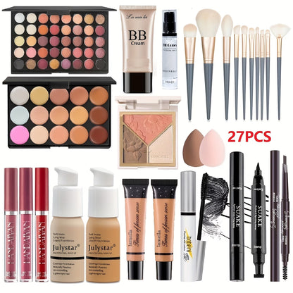 Collection of makeup products including palettes, brushes, and bottles on a white background.