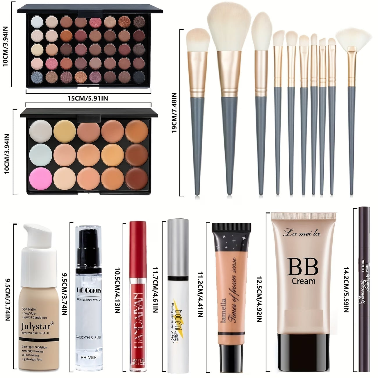 Collection of makeup products including palettes, brushes, and creams with dimensions displayed.