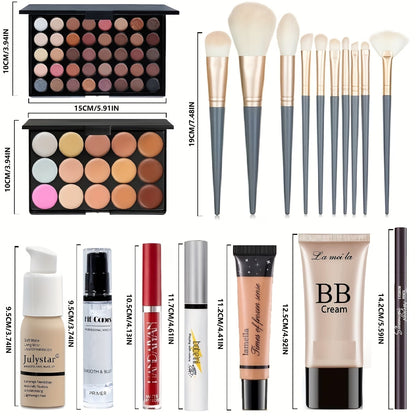 Collection of makeup products including palettes, brushes, and creams with dimensions displayed.
