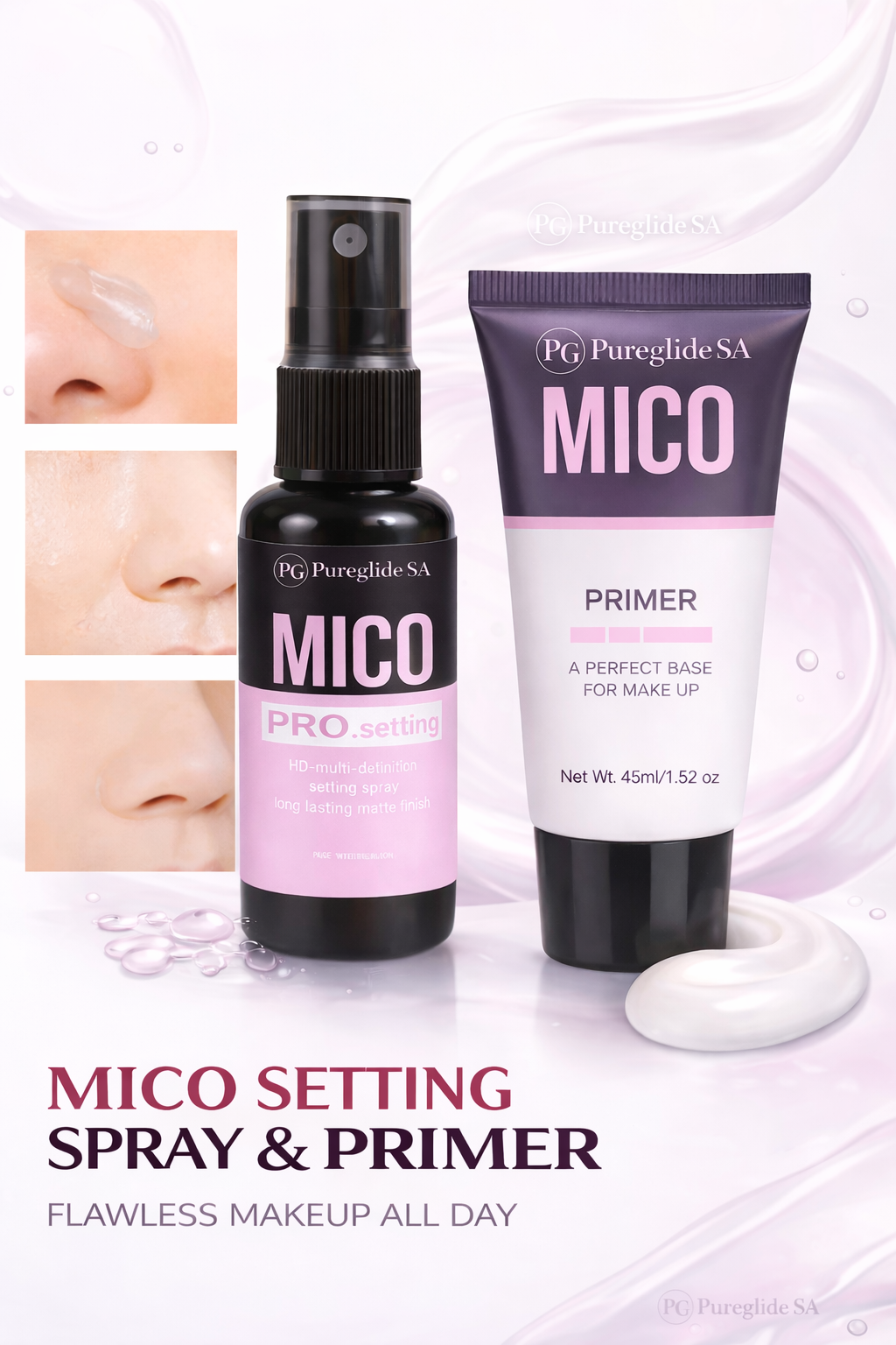 MICO setting spray and primer with close-up images of skin on a light background