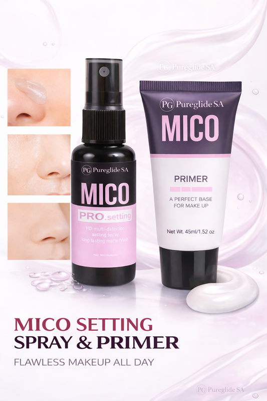 MICO setting spray and primer with close-up images of skin on a light background