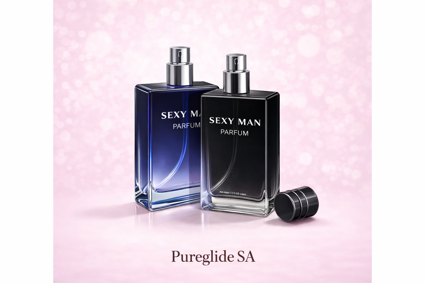 Two bottles of 'Sexy Man Parfum' on a pink background with 'Pureglide SA' branding.