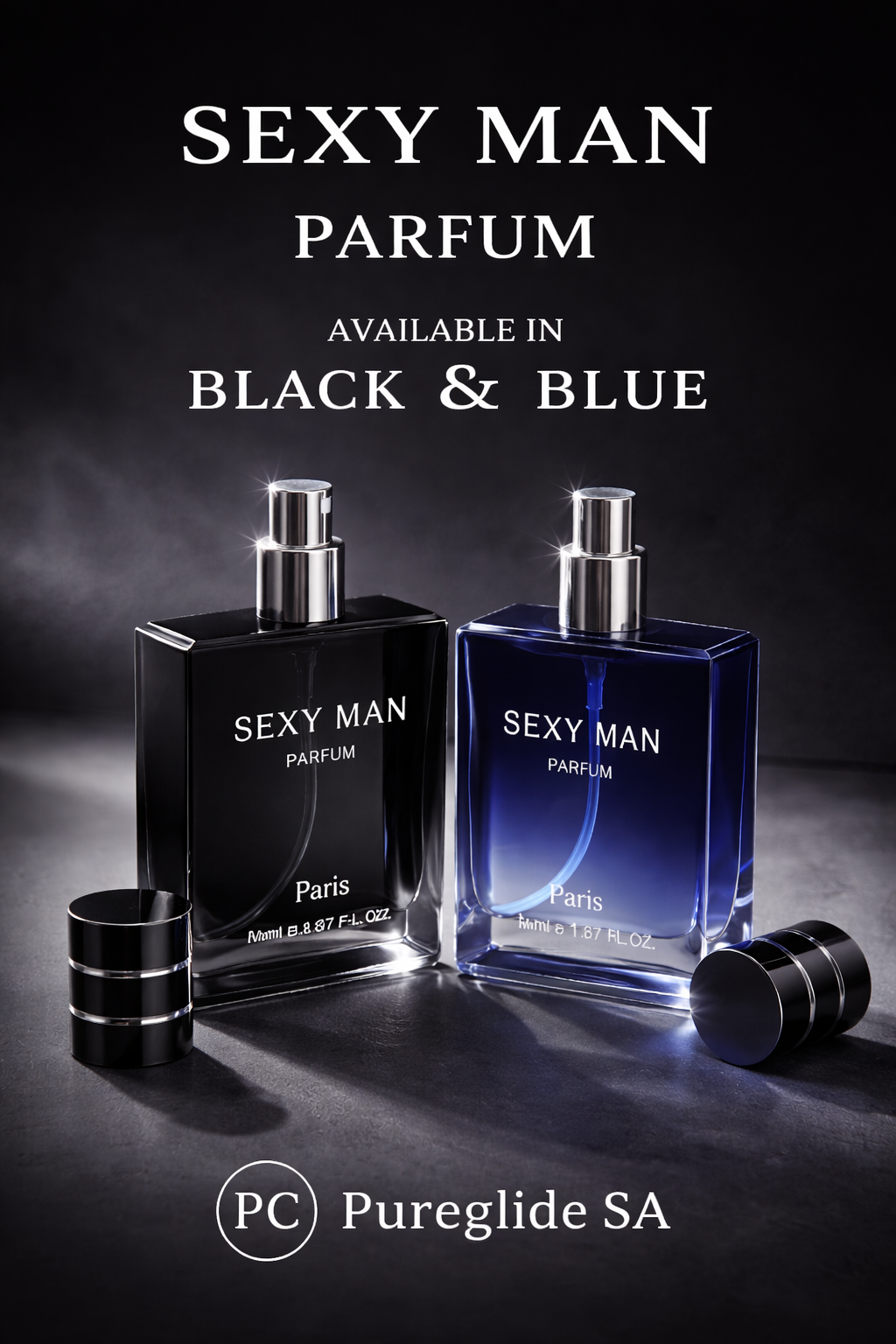 Two 'Sexy Man' perfume bottles, one black and one blue, on a dark background with 'Pureglide SA' branding.