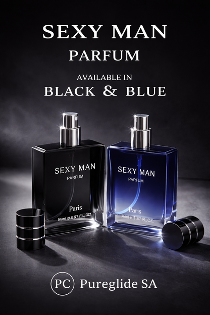 Two 'Sexy Man' perfume bottles, one black and one blue, on a dark background with 'Pureglide SA' branding.
